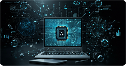 Laptop displaying an AI chip and data flow