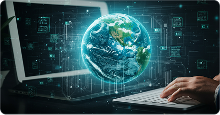 Glowing quantum chip floating above a platform